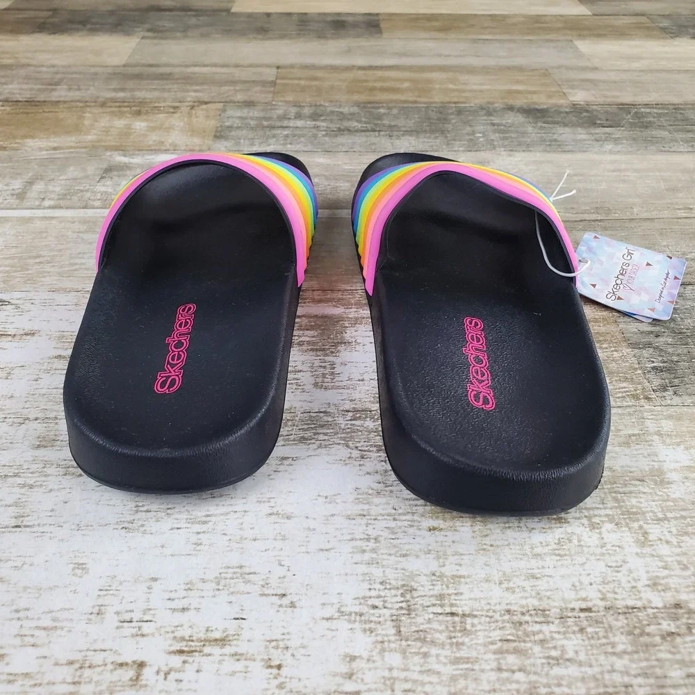 Skechers Girls Rainbow Slides Sandal Sz 3 Black Multi Striped Open Round Toe